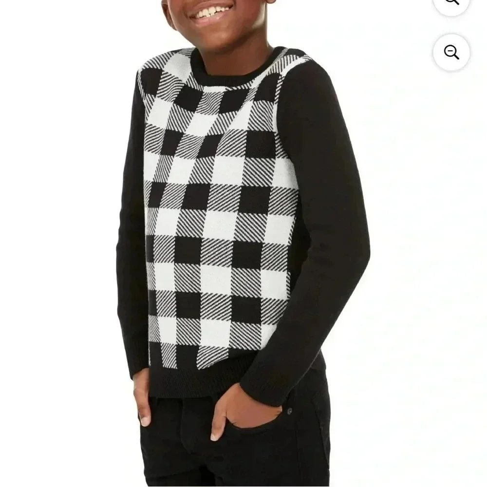 Charter Club Big Boys Buffalo Check Family Sweater black & White Size L